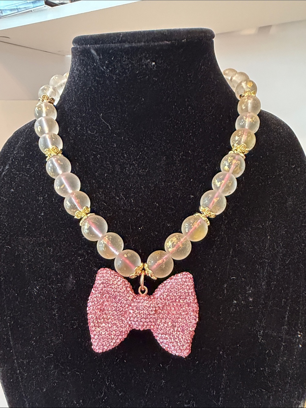 Pink Crystal Bow Pendant Beaded with Citrine Color See Through Beads